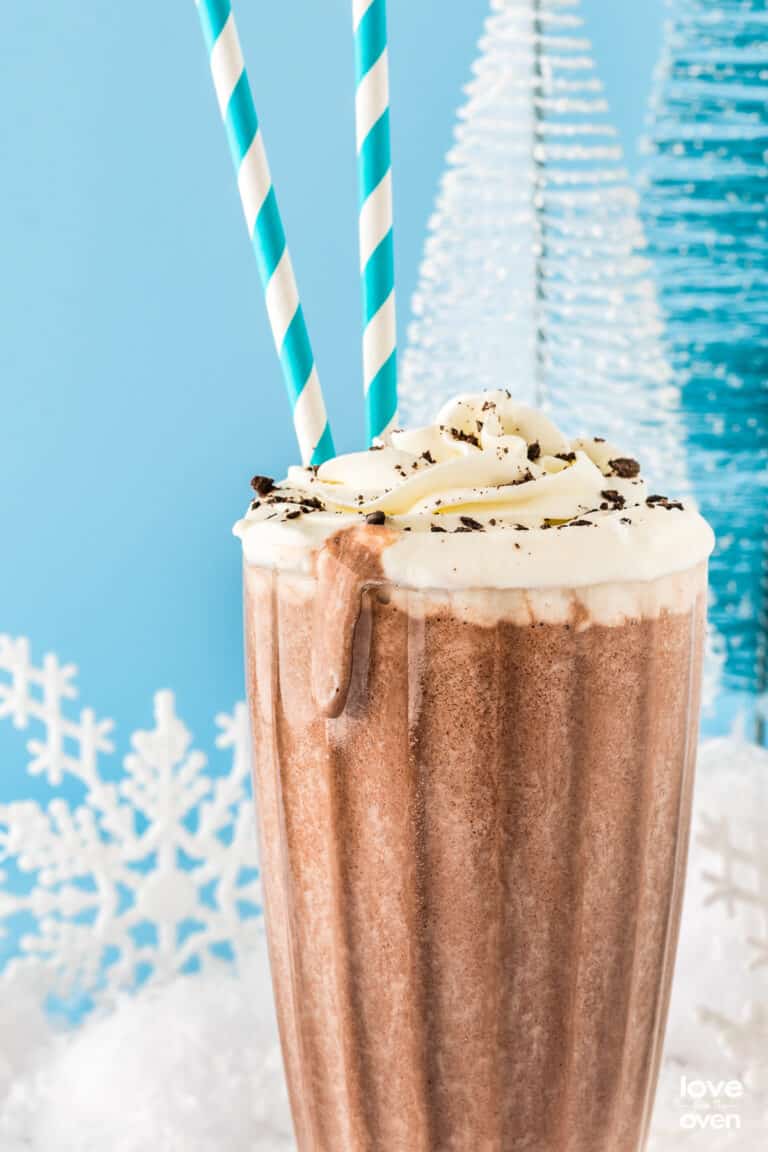 A tall glass of frozen hot chocolate.