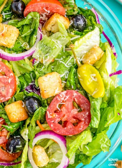 A close up photo of an olive garden copycat salad.