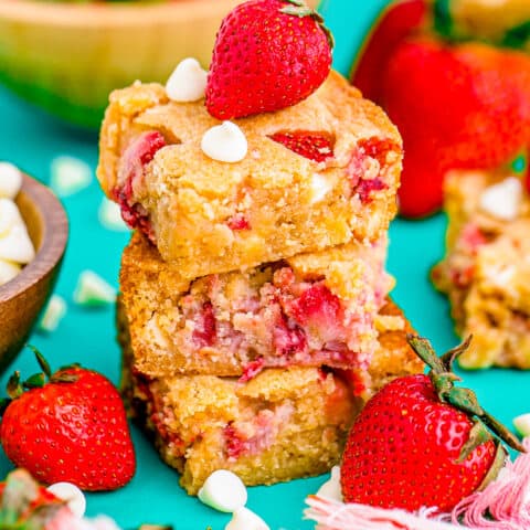 A stack of strawberry blondies.