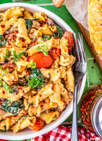 A bowl of Boursin cheese pasta on a green background.