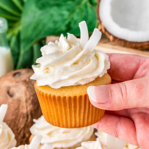 A hand holding a coconut cupcake with a green background.