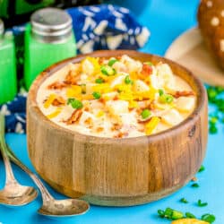 crockpot potato soup in a wooden bowl