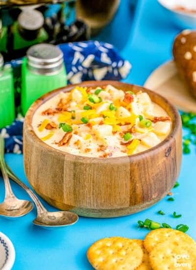 crockpot potato soup in a wooden bowl