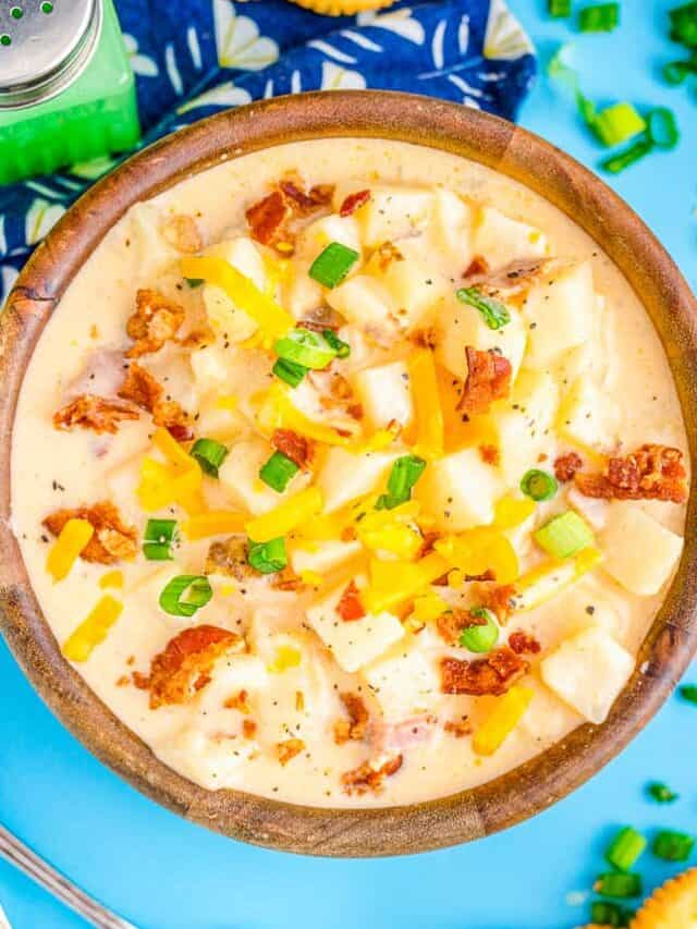 crockpot potato soup in a wooden bowl