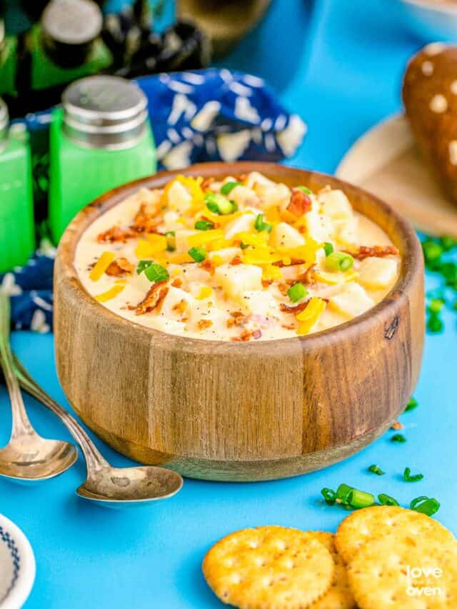 crockpot potato soup in a wooden bowl