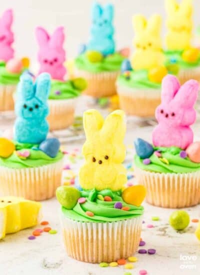 peeps cupcakes on a decorated table