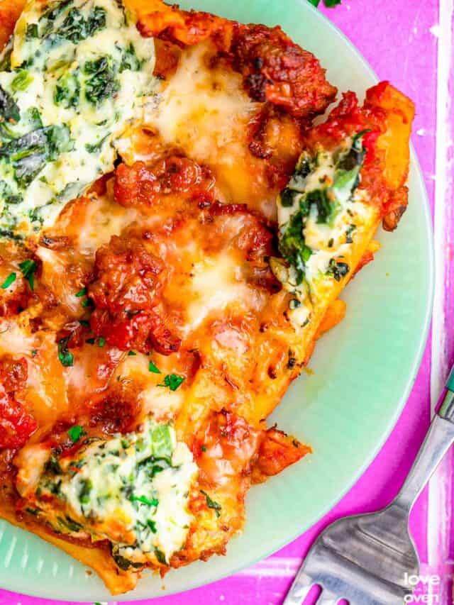 a slice of sheet pan lasagna