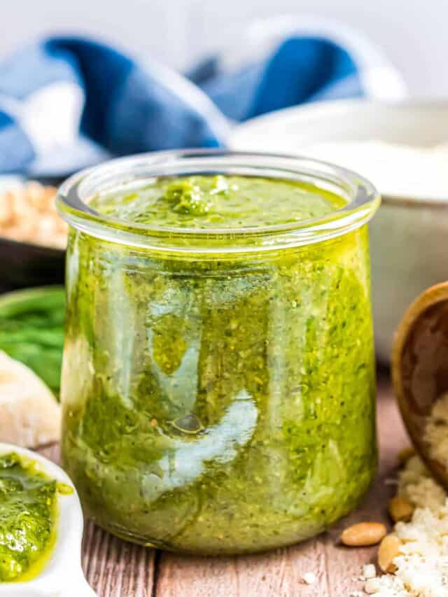 a jar of homemade pesto salad