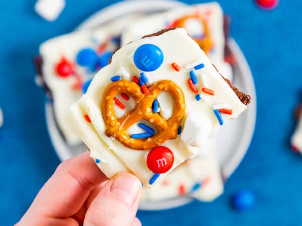 A hand holding a piece of red, white and blue bark with a pretzel on it.