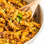 A pan full of enchilada pasta.