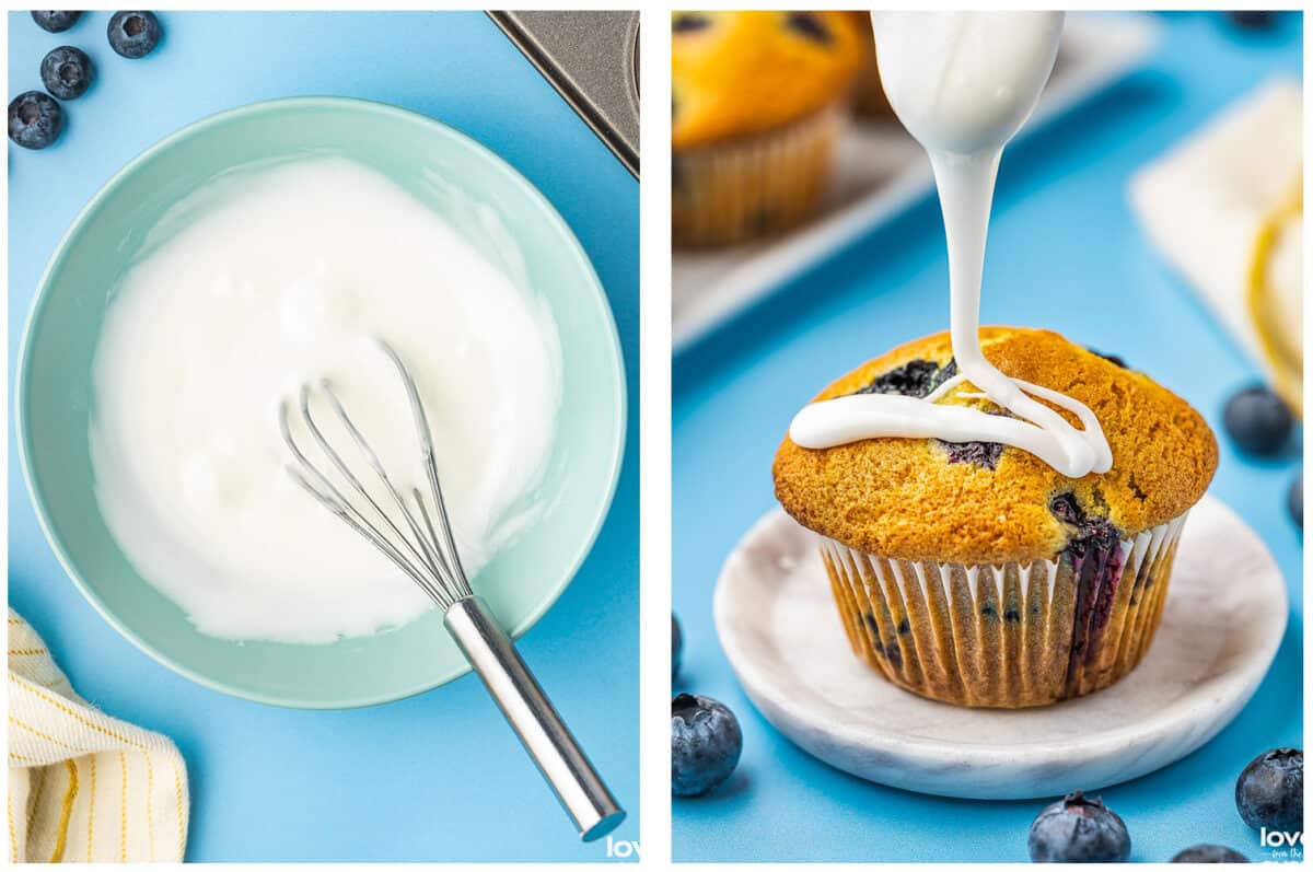 icing being made and drizzled over top a lemon blueberry muffin