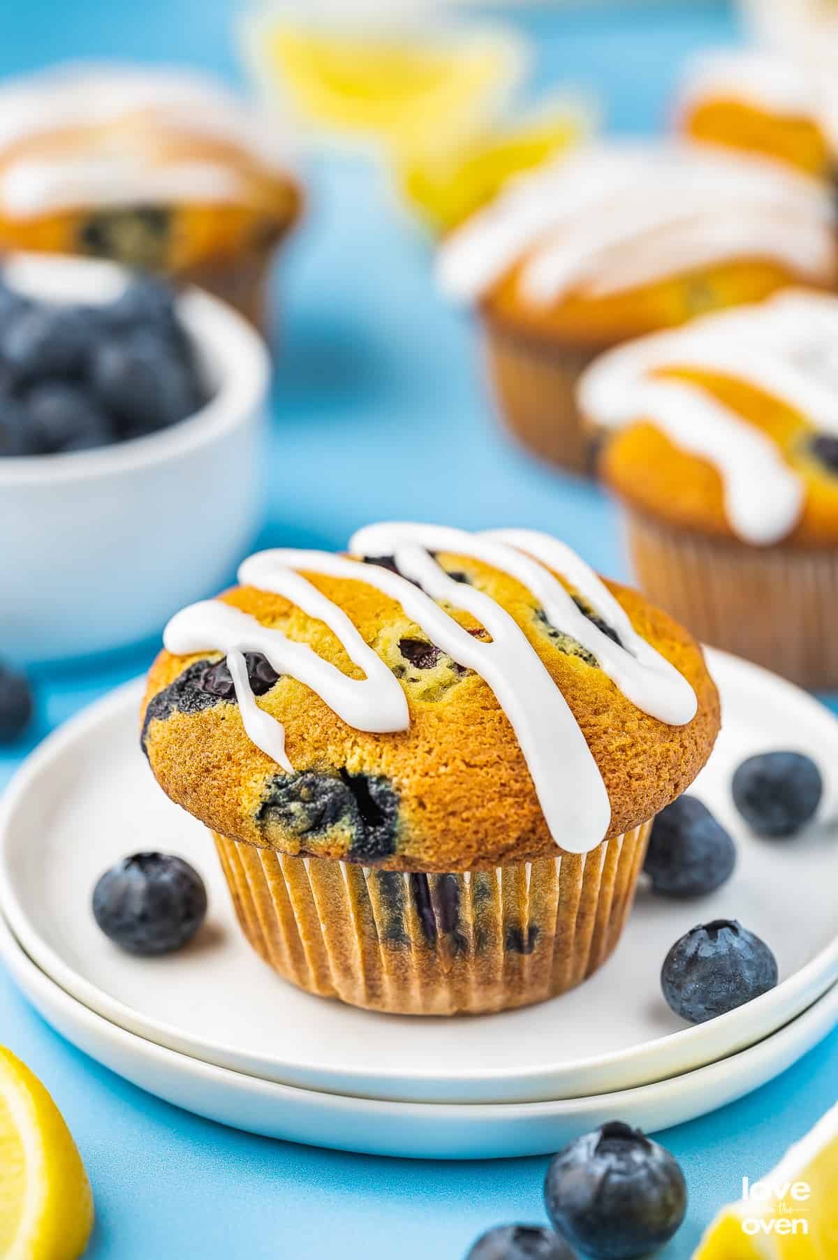 a lemon blueberry muffin on a white plate