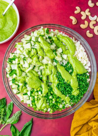 green goddess salad ingredients in a bowl