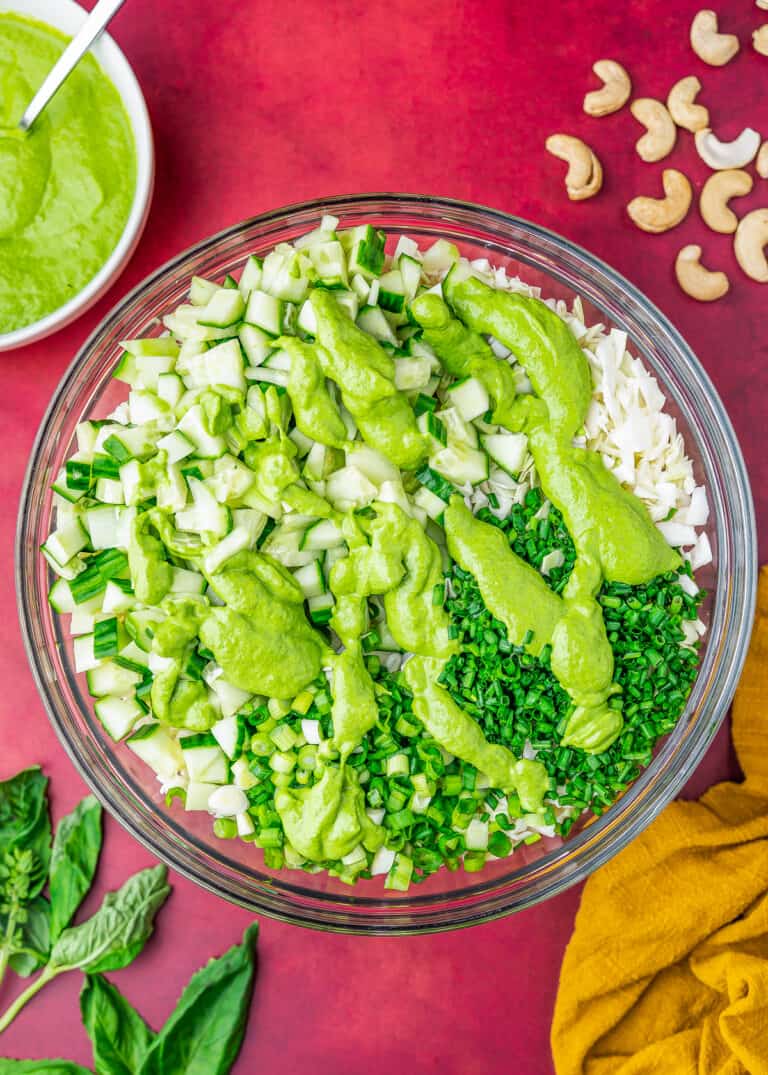 green goddess salad ingredients in a bowl