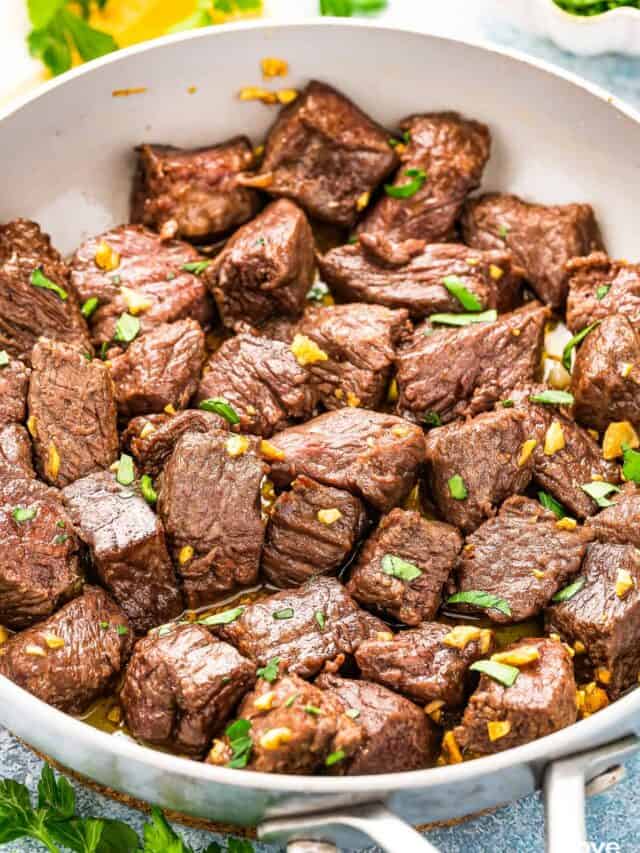 a saucepan full of air fryer steak bites