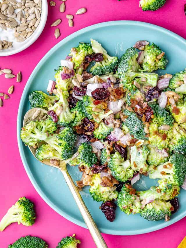 broccoli salad on a blue plate