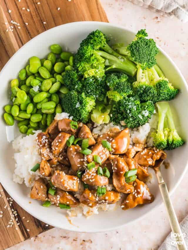 teriyaki chicken and vegetables on a bed of rice