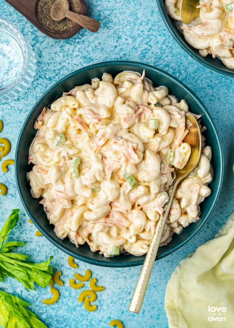 Hawaiian Macaroni Salad in a bowl with a spoon