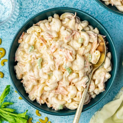 Hawaiian Macaroni Salad in a bowl with a spoon