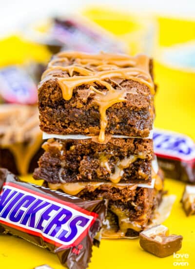 snickers brownies stacked on top of each other