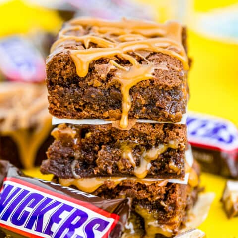 snickers brownies stacked on top of each other