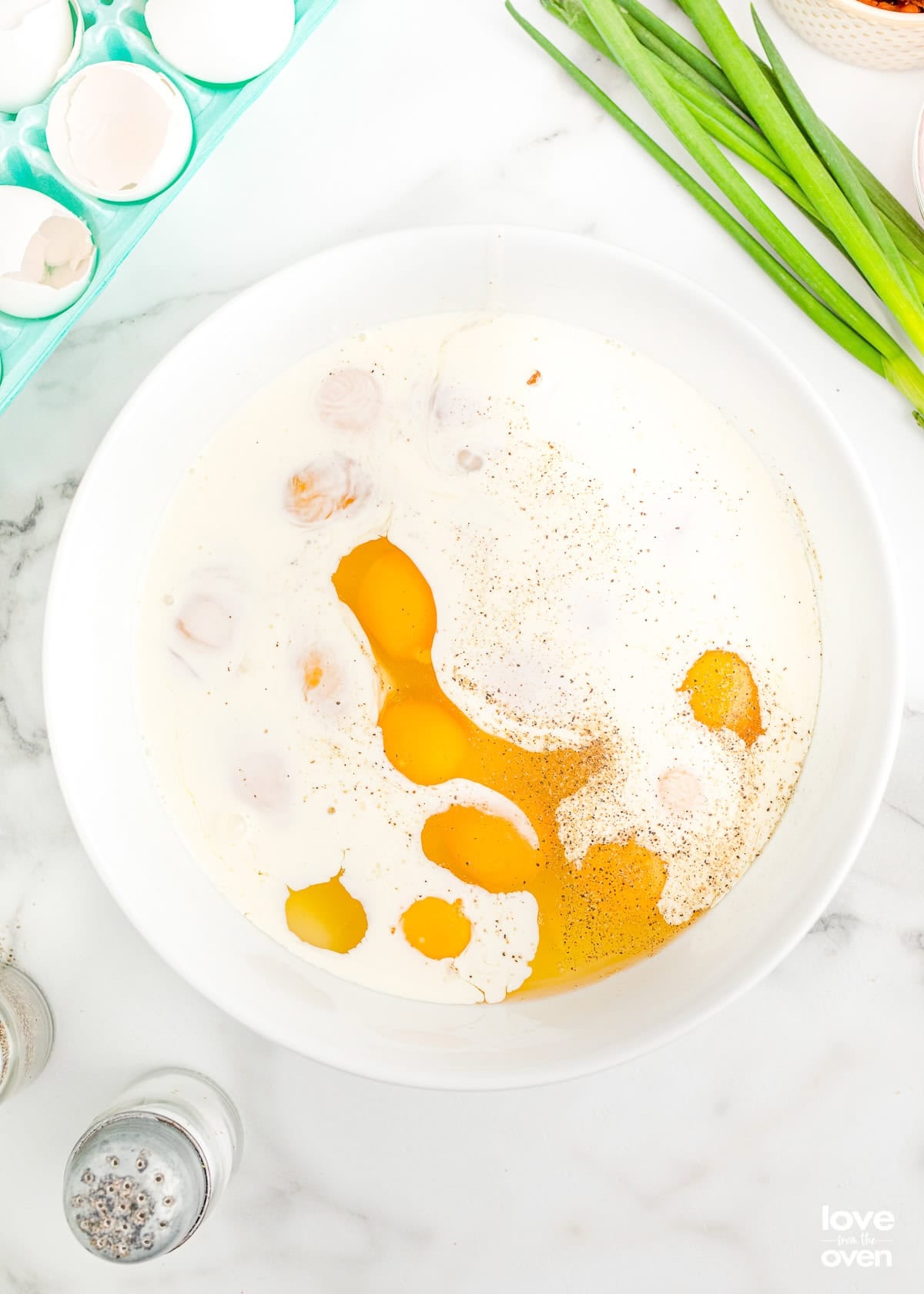 Sheet pan egg ingredients in a bowl