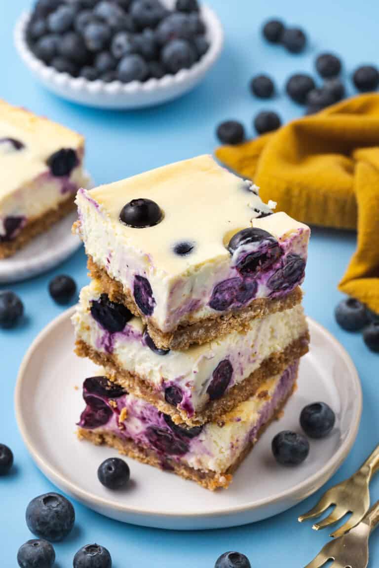 A stack of blueberry cheesecake bars