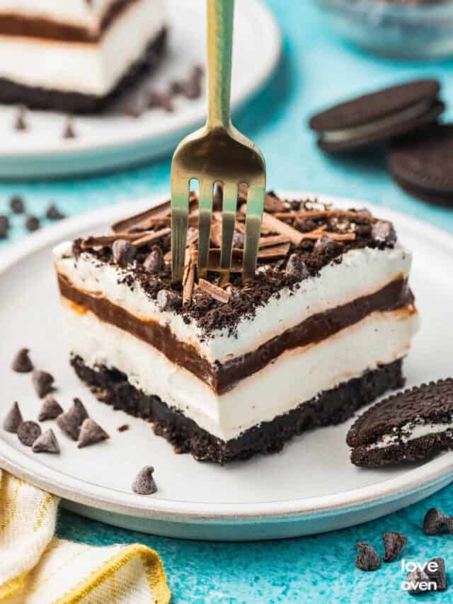 chocolate lasagna with a fork in it