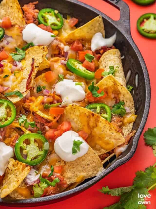 A pan of pork nachos