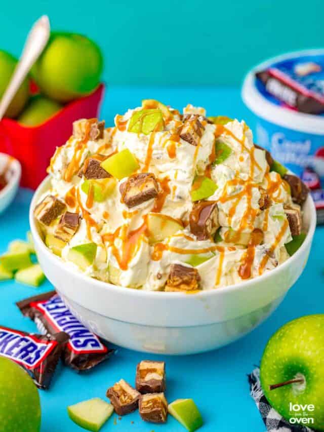 A bowl of snickers apple salad.