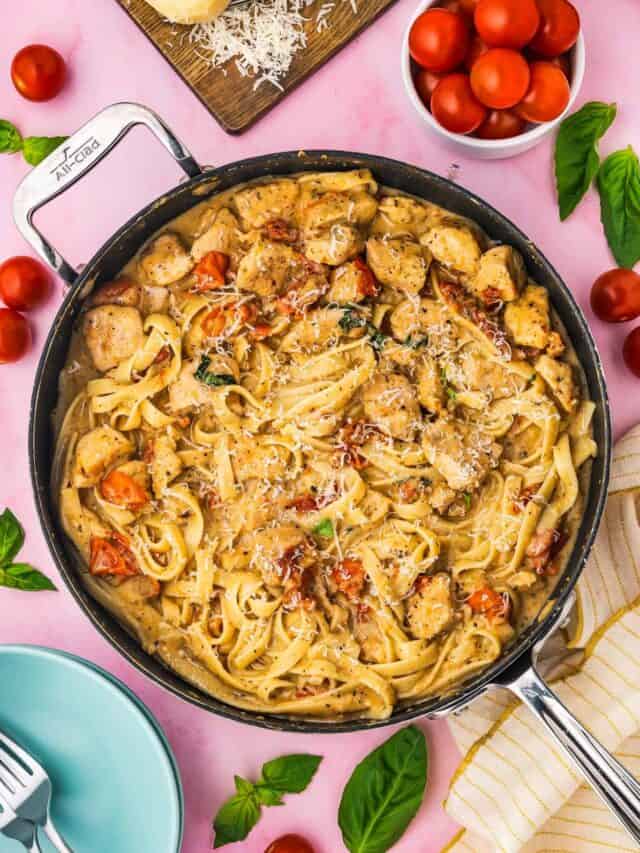 Marry me chicken pasta in a skillet.