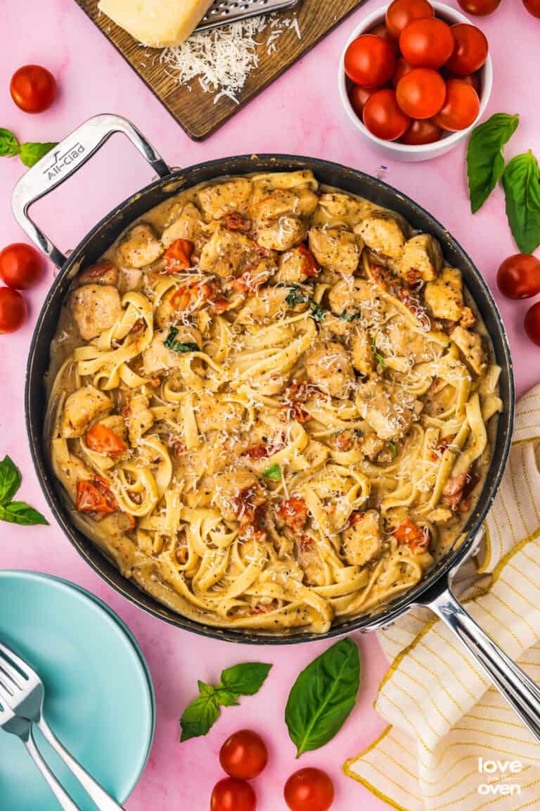 Marry me chicken pasta in a skillet.