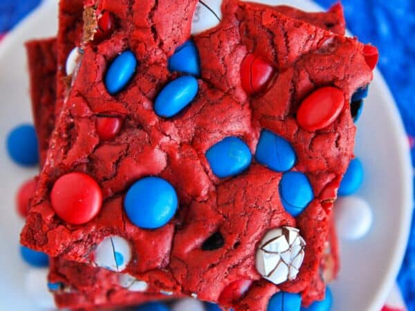 Red velvet cookie bars with red, white and blue M&Ms.