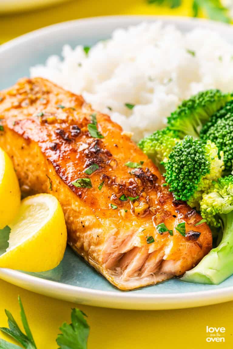 A plate of salmon rice and broccoli