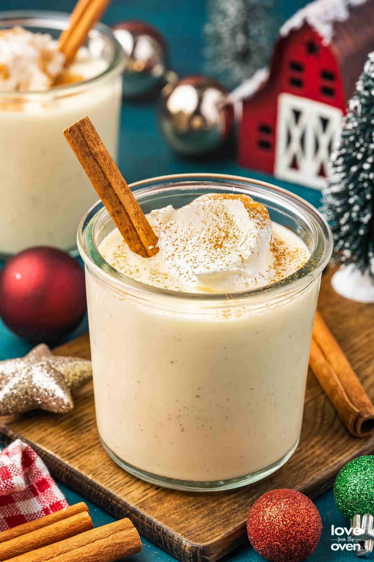 A glass of homemade eggnog