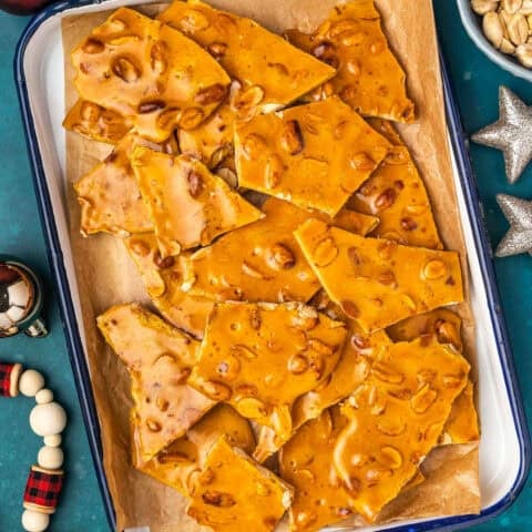 a tray of peanut brittle