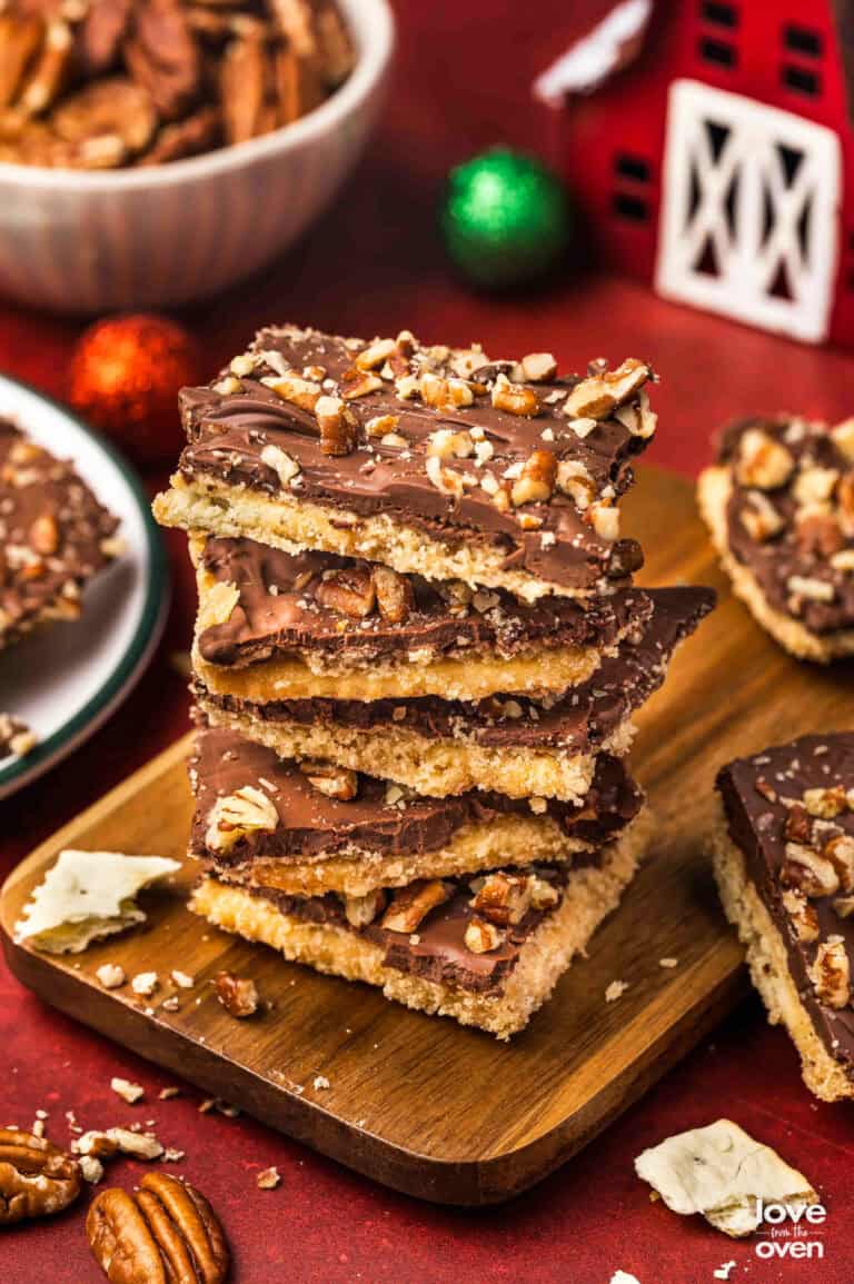 a stack of pieces of cracker toffee made with saltines