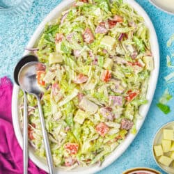 A grinder salad in a white bowl on a blue background with spoons