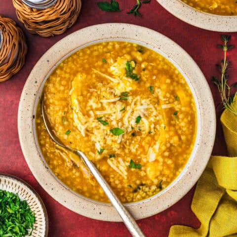 A bowl of Italian Penicillin soup made with pastina ready to be served