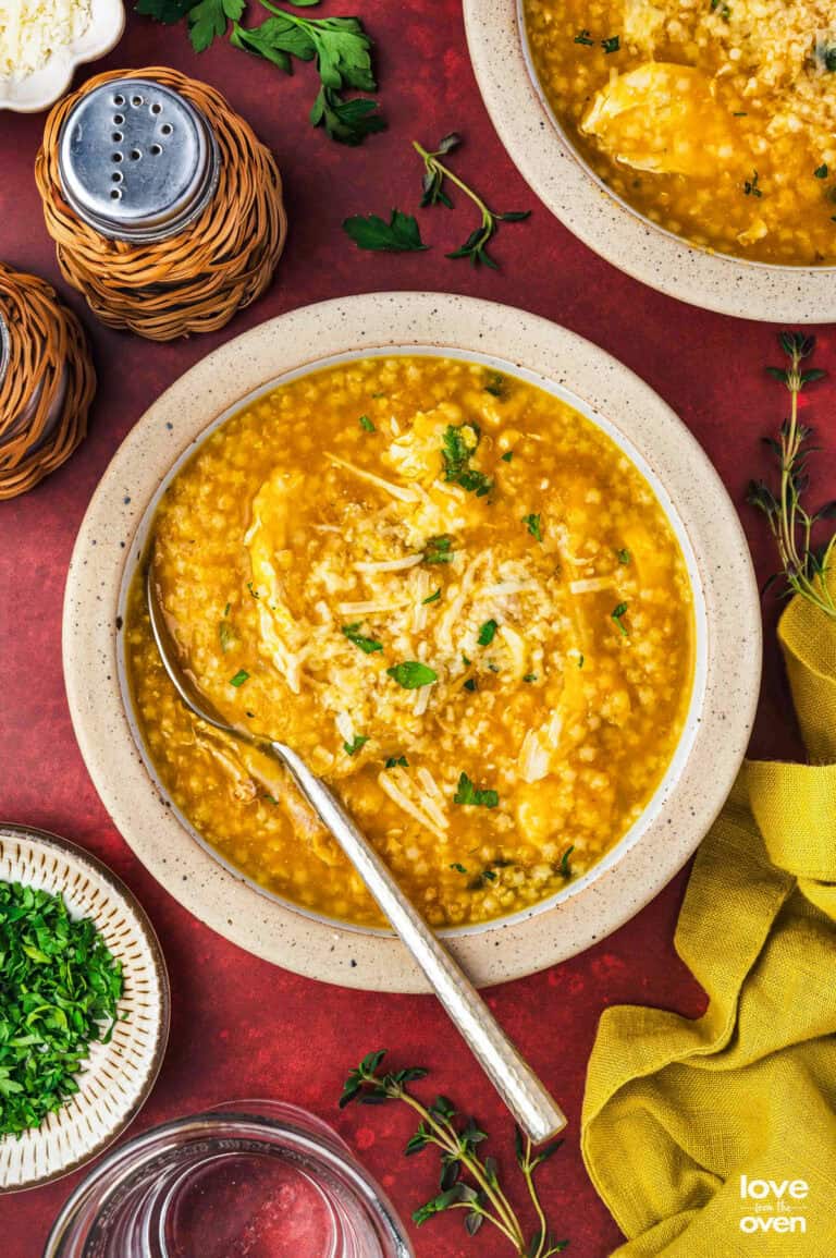 A bowl of Italian Penicillin soup made with pastina ready to be served