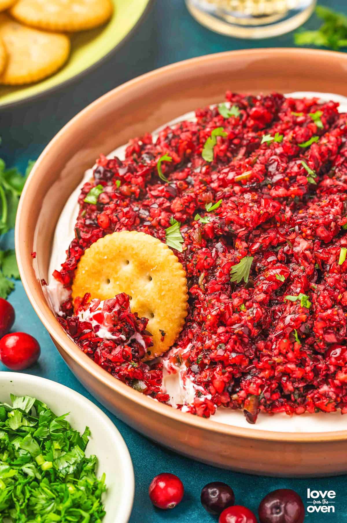 Cranberry jalapeno dip in a bowl with a cracker