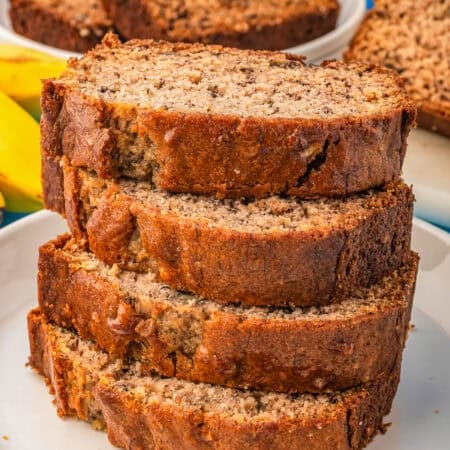 A stack of banana bread slices from a banana bread recipe with 2 bananas