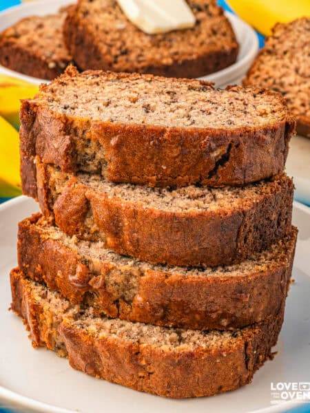 A stack of banana bread slices from a banana bread recipe with 2 bananas