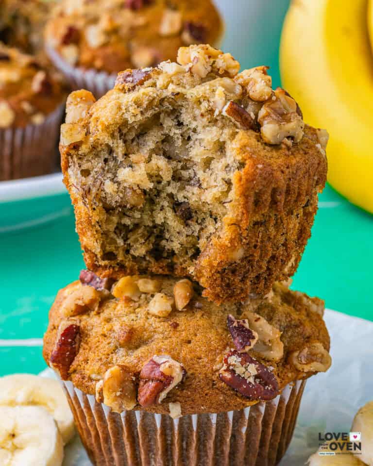 one banana nut muffin stacked on another
