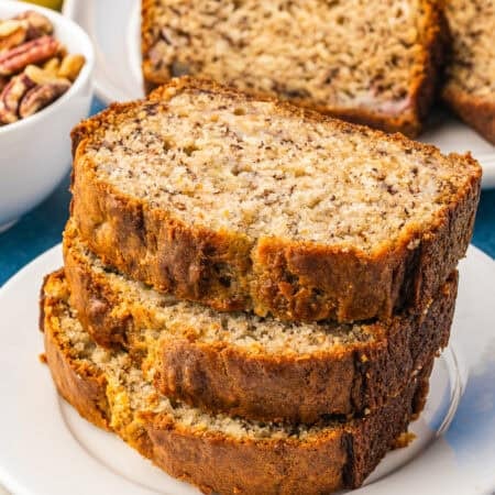 slice of greek yogurt banana bread stacked on each other