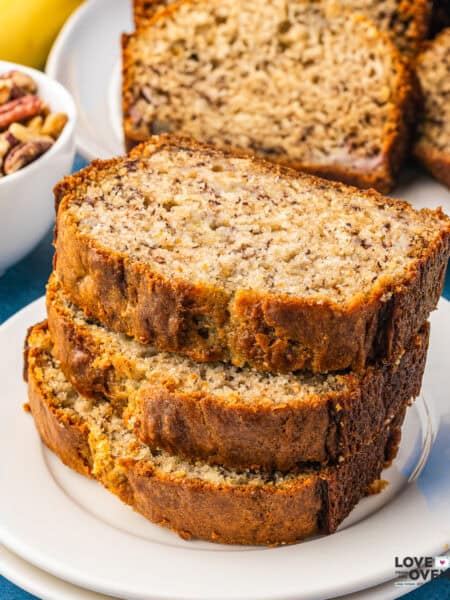 slice of greek yogurt banana bread stacked on each other