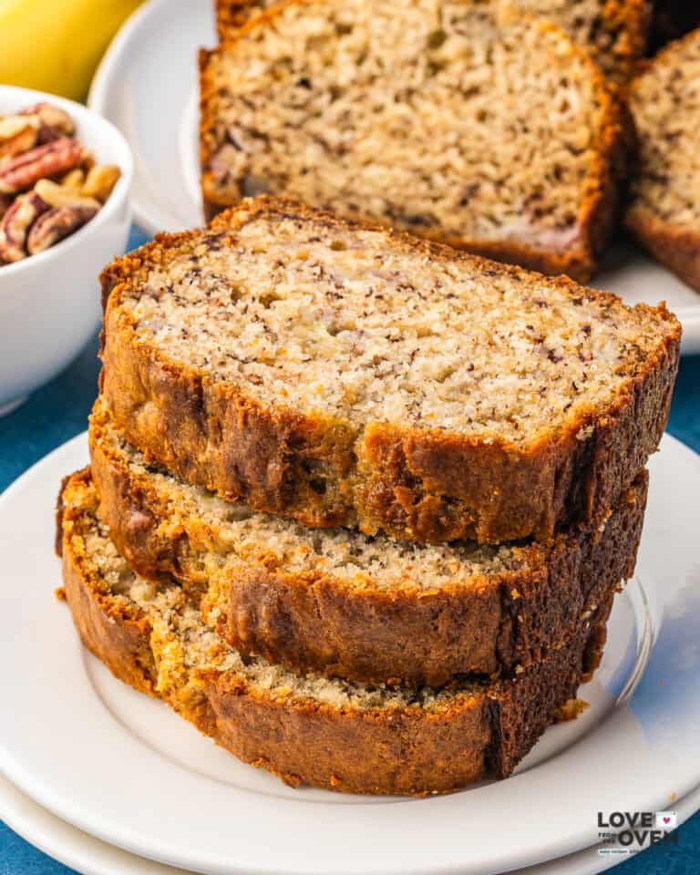 slice of greek yogurt banana bread stacked on each other