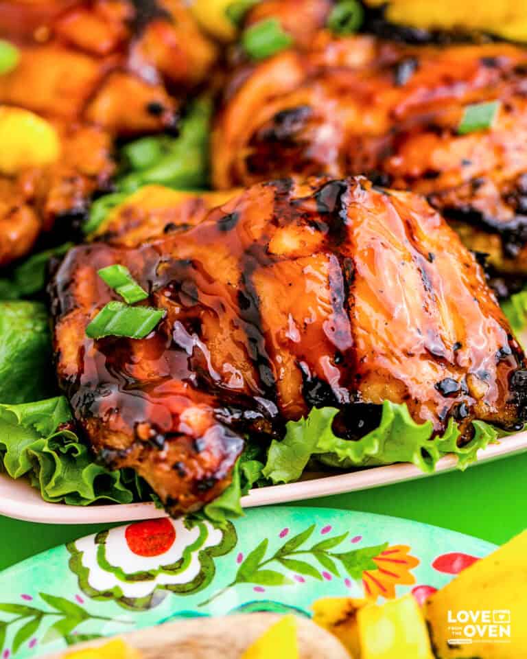 Huli Huli Sauce on chicken with pineapples and green lettuce