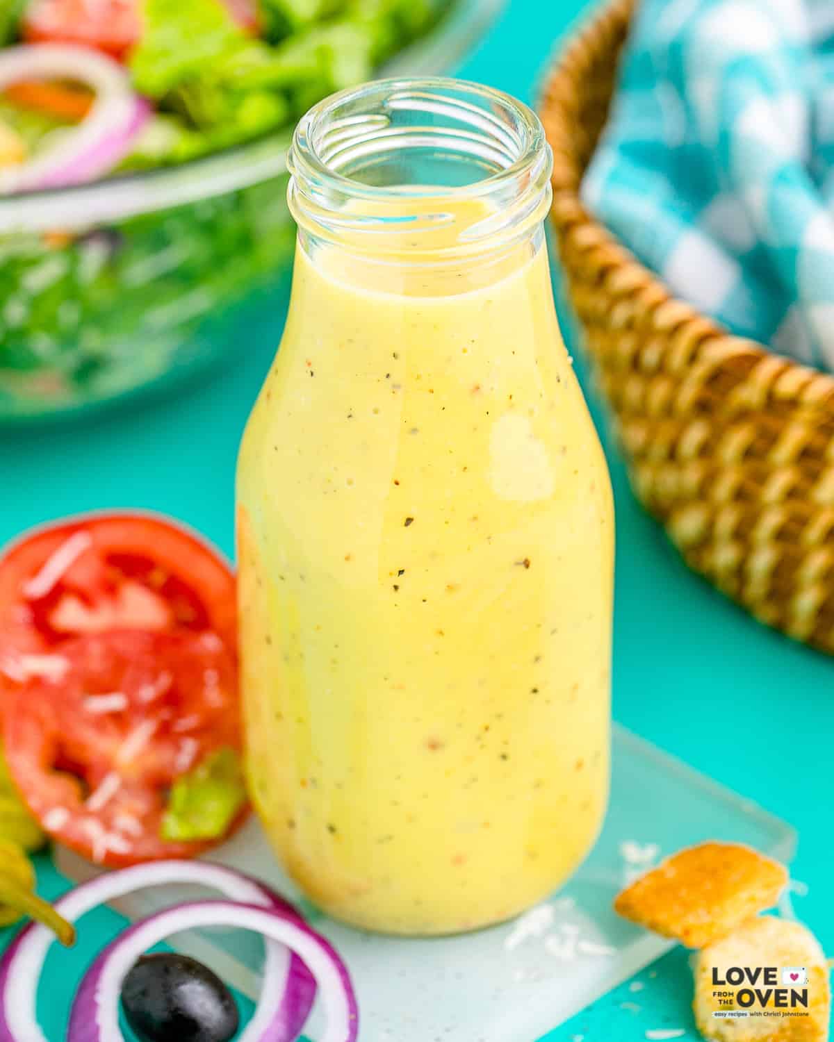 A bottle of homemade Olive Garden dressing