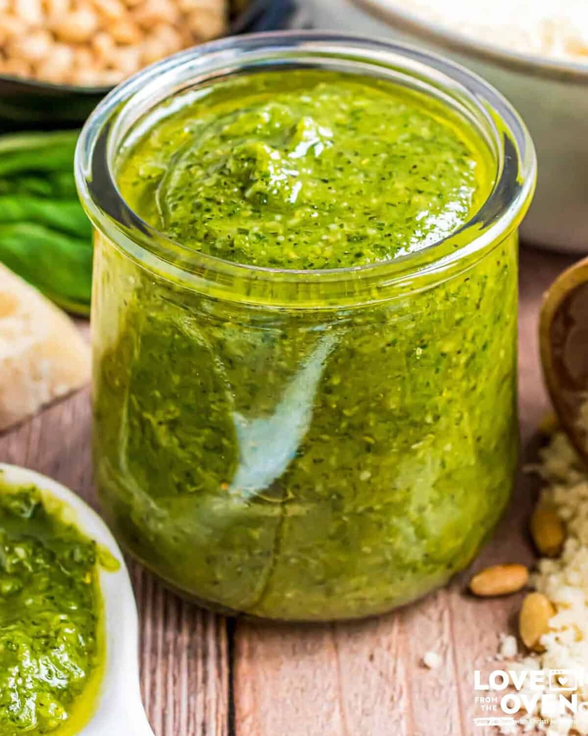 A jar of pesto sauce
